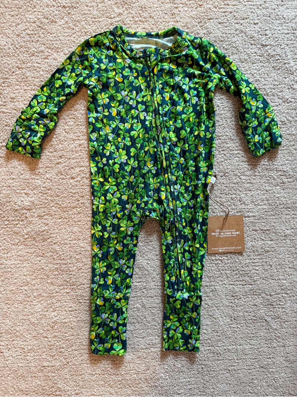 Muse Threads Bamboo Green Clover-Print Kids Zip Front Footie Pajamas